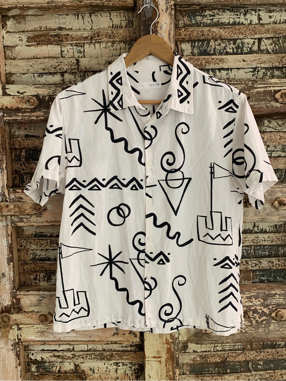 Zara Kids Boys Geometric SS Button Shirt Retro Doodles Spirals Line Art XL 13-14